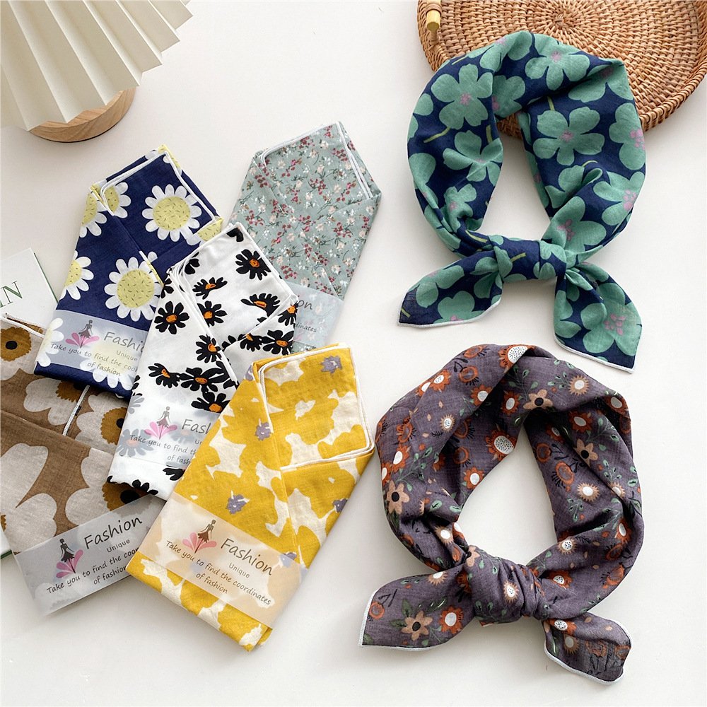 55cm Floral Print Neckerchief Women Hair Scarf Square Handkerchief Cotton Neck Scarves Small Wraps Cute Bandana Head Scarfs