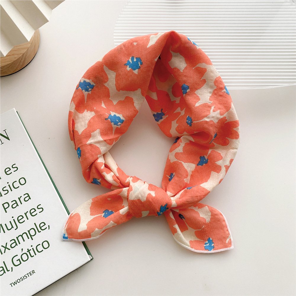 55cm Floral Print Neckerchief Women Hair Scarf Square Handkerchief Cotton Neck Scarves Small Wraps Cute Bandana Head Scarfs