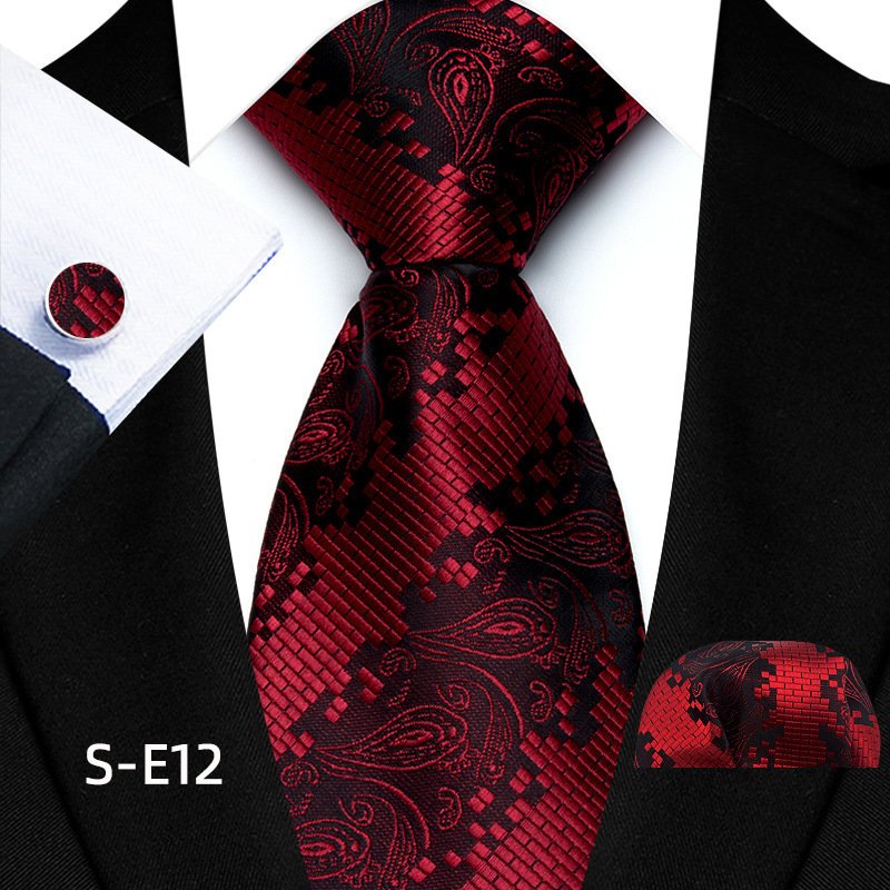 Men's tie handkerchief cufflinks three piece set polyester material striped red wedding tie hand tied wholesale in stock