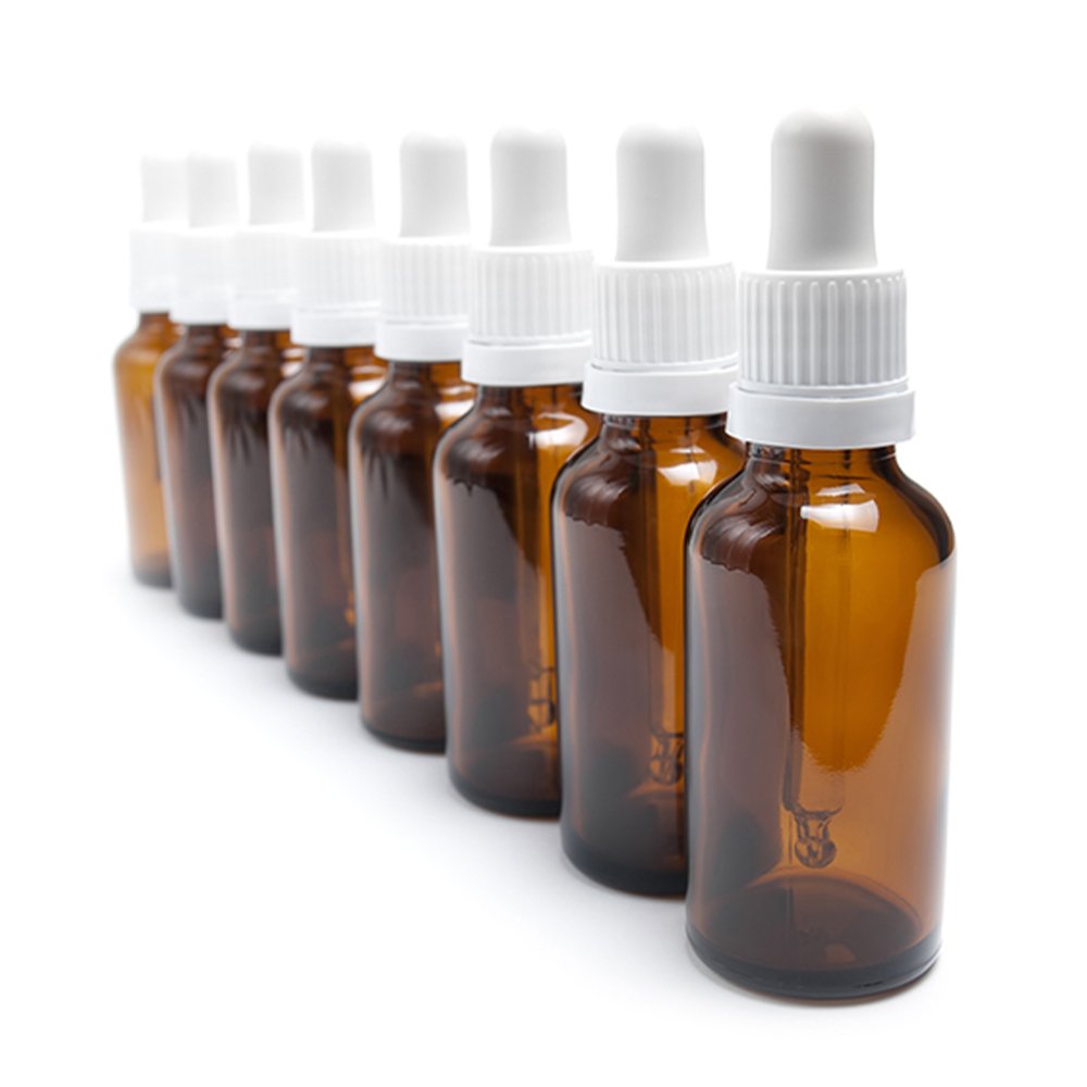 Personalized glass dropper bottle with plastic dropper cap for essential oil applications