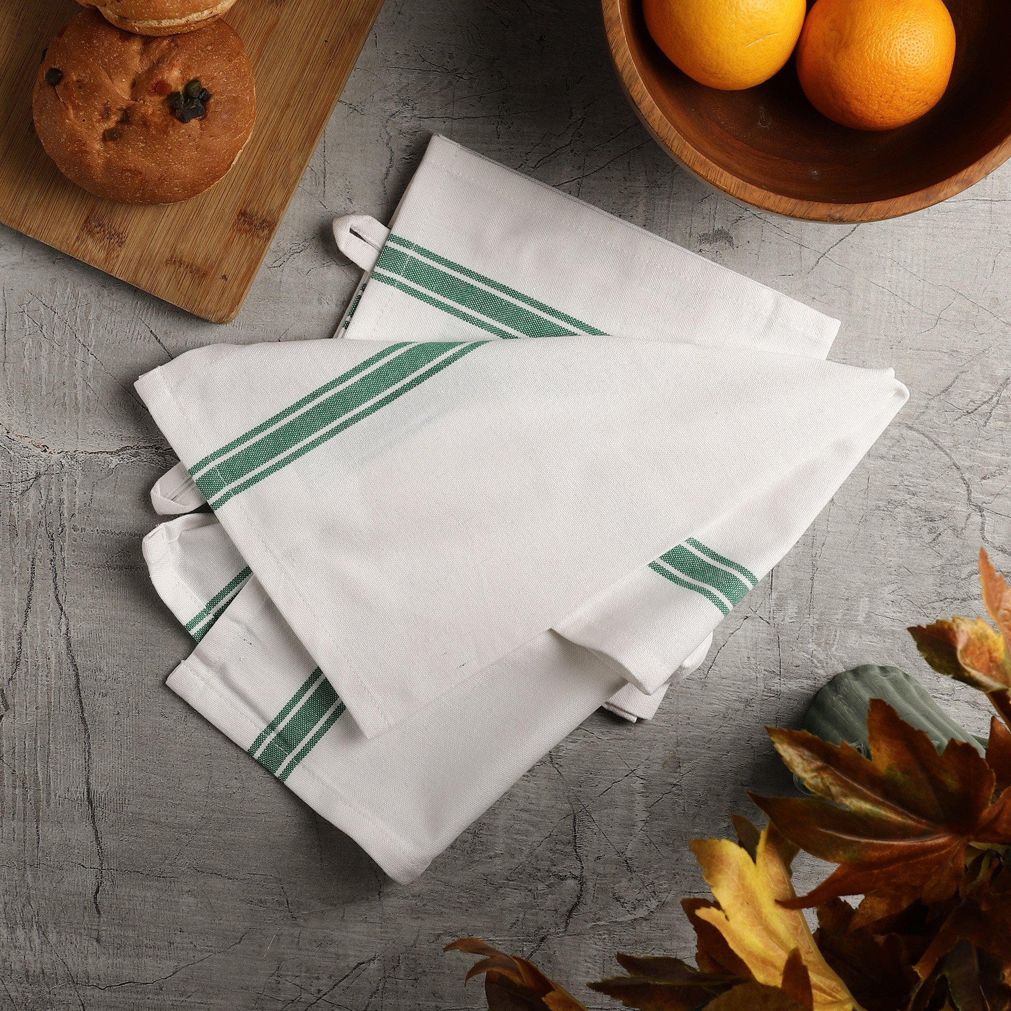 Recycled Cotton Towel vintage strips golf kitchen set of 12 - Green color