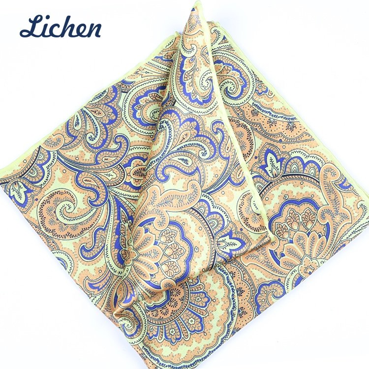 Customized Latest Design Silk Cotton Printed Mens Paisley Pocket Square Handkerchief
