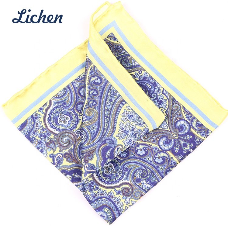 Customized Latest Design Silk Cotton Printed Mens Paisley Pocket Square Handkerchief