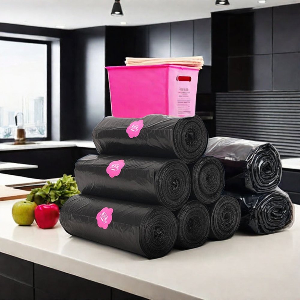 BioDegradable Black Flat Bottom Garbage Bag Gusseted Trash Bag for Plastic Waste Rolled Packaging Bag