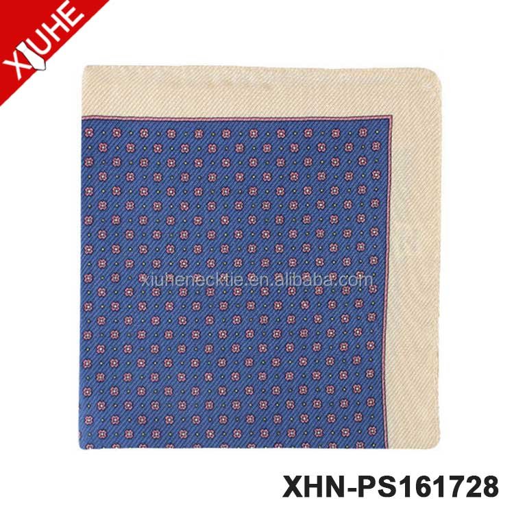 OEM ODM Hot Sale Pocket Square Navy Blue Flower Pattern Handkerchief Men's Printed 100% Silk Pocket Square