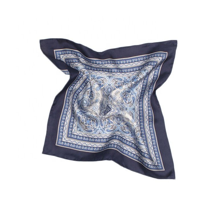 Custom Womens Handkerchiefs Boxed Silk Rope Scarves Blue Print Hand Rolled Scarf Pocket Square Logo