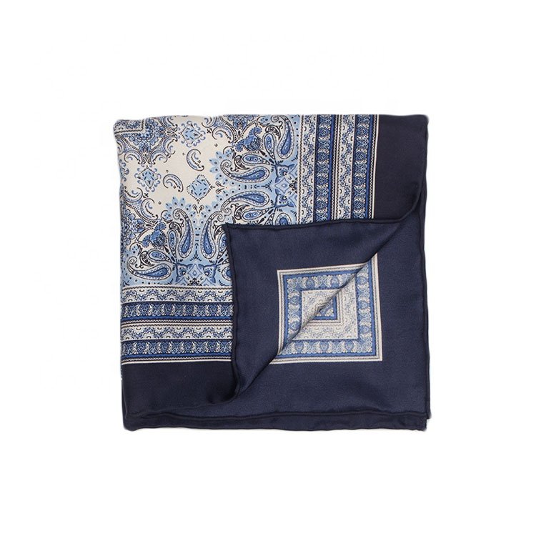 Custom Womens Handkerchiefs Boxed Silk Rope Scarves Blue Print Hand Rolled Scarf Pocket Square Logo