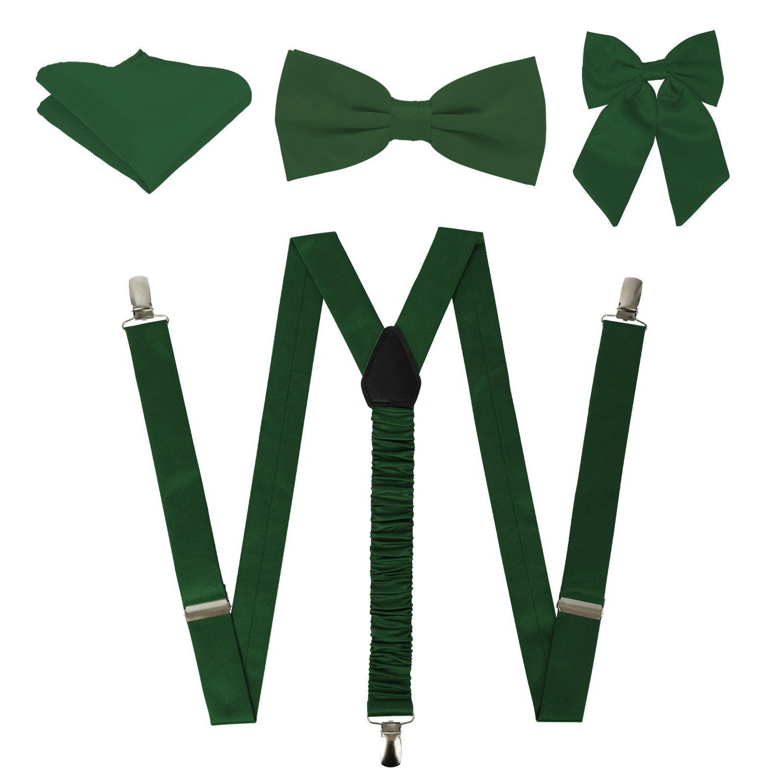 Mens Suspenders and Pre-Tied Bow Tie with Pocket Square Strong Adjustable 3 Clips Y Back Mens Trouser Braces Wedding Set