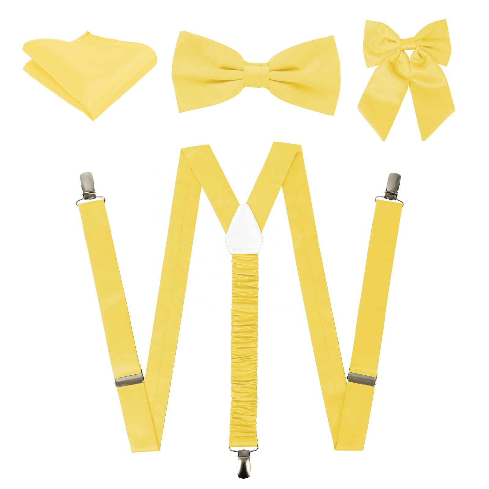 Mens Suspenders and Pre-Tied Bow Tie with Pocket Square Strong Adjustable 3 Clips Y Back Mens Trouser Braces Wedding Set