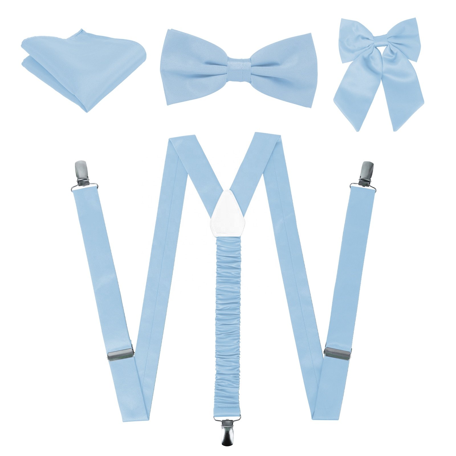 Mens Suspenders and Pre-Tied Bow Tie with Pocket Square Strong Adjustable 3 Clips Y Back Mens Trouser Braces Wedding Set
