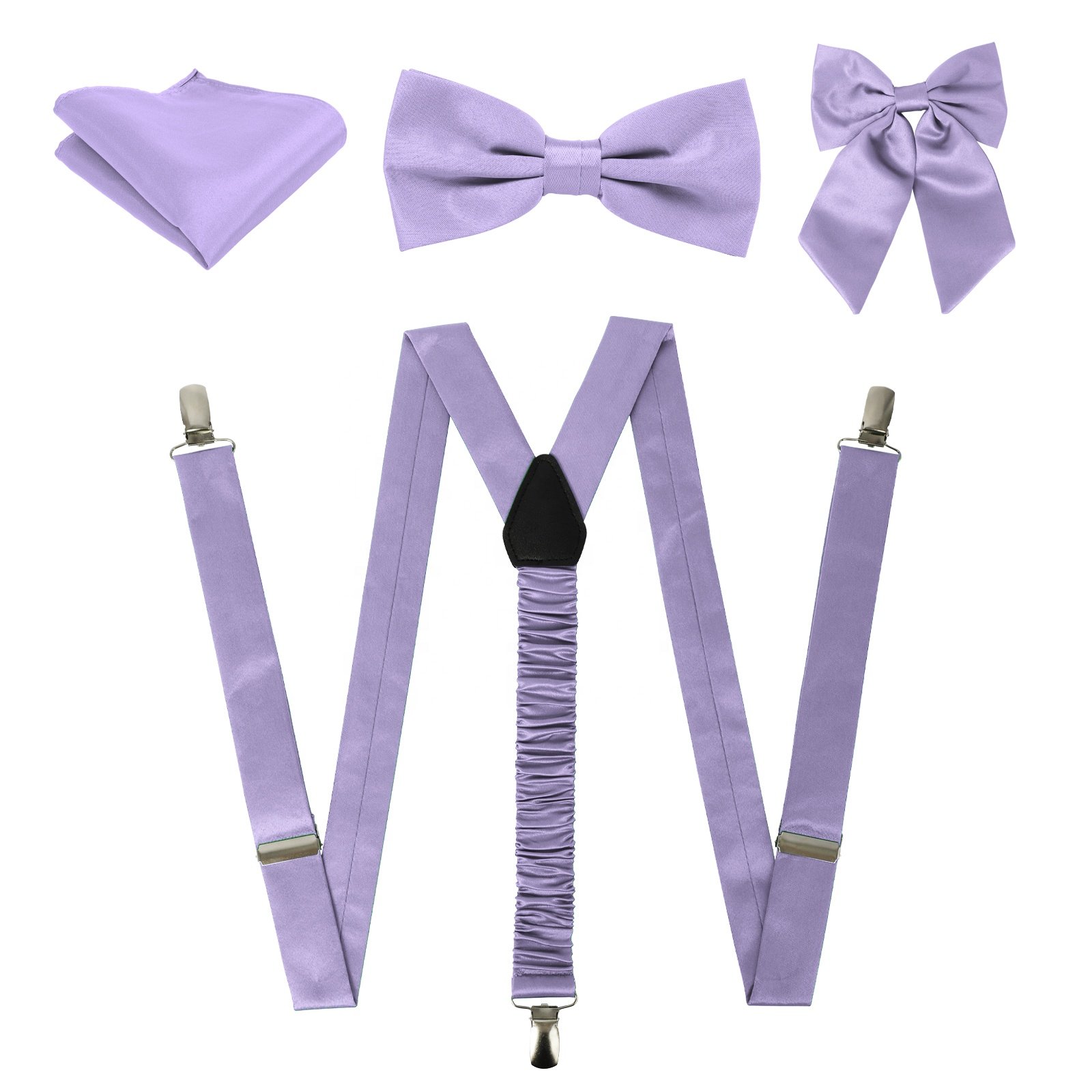 Mens Suspenders and Pre-Tied Bow Tie with Pocket Square Strong Adjustable 3 Clips Y Back Mens Trouser Braces Wedding Set