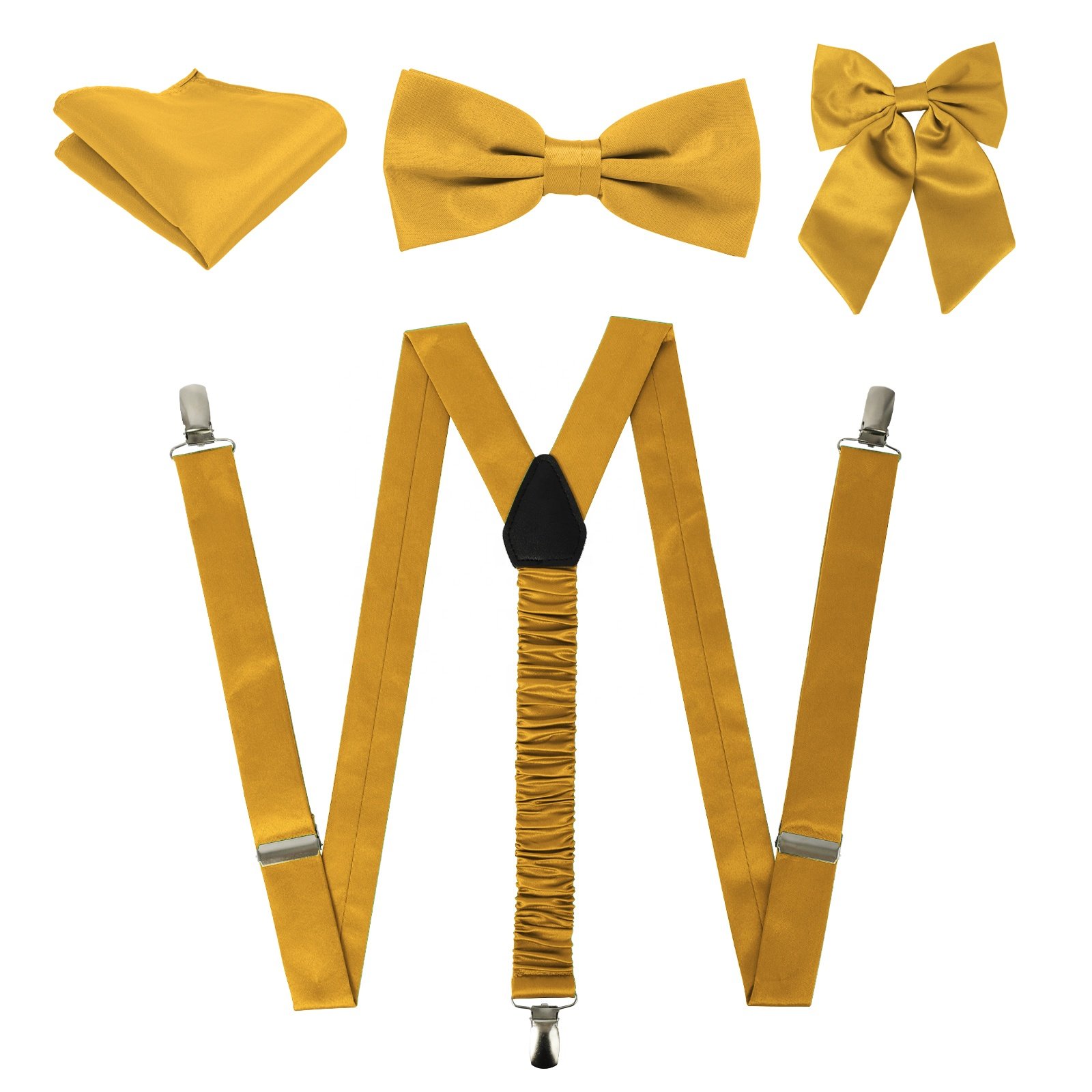 Mens Suspenders and Pre-Tied Bow Tie with Pocket Square Strong Adjustable 3 Clips Y Back Mens Trouser Braces Wedding Set