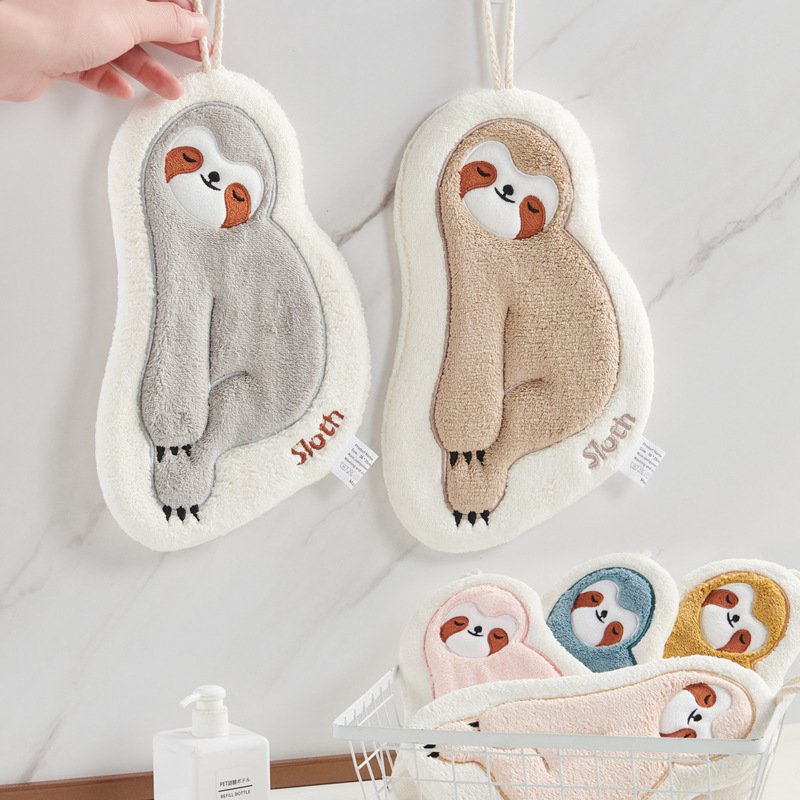Custom Sloth Hand Towel Hanging Cute Absorbent Kitchen Coral Fleece Embroidered Thick Children's Cartoon Secret Handkerchief