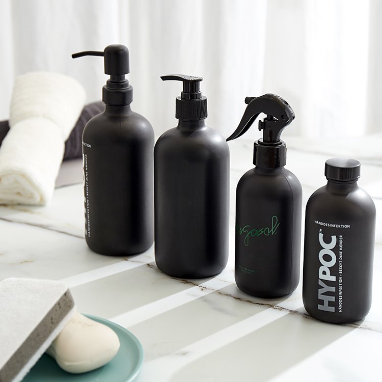 Frosted Matte Black Amber Glass Bottle for Liquid Soap Dispenser Round Shape Refillable Boston Style Available in 250ml 500ml