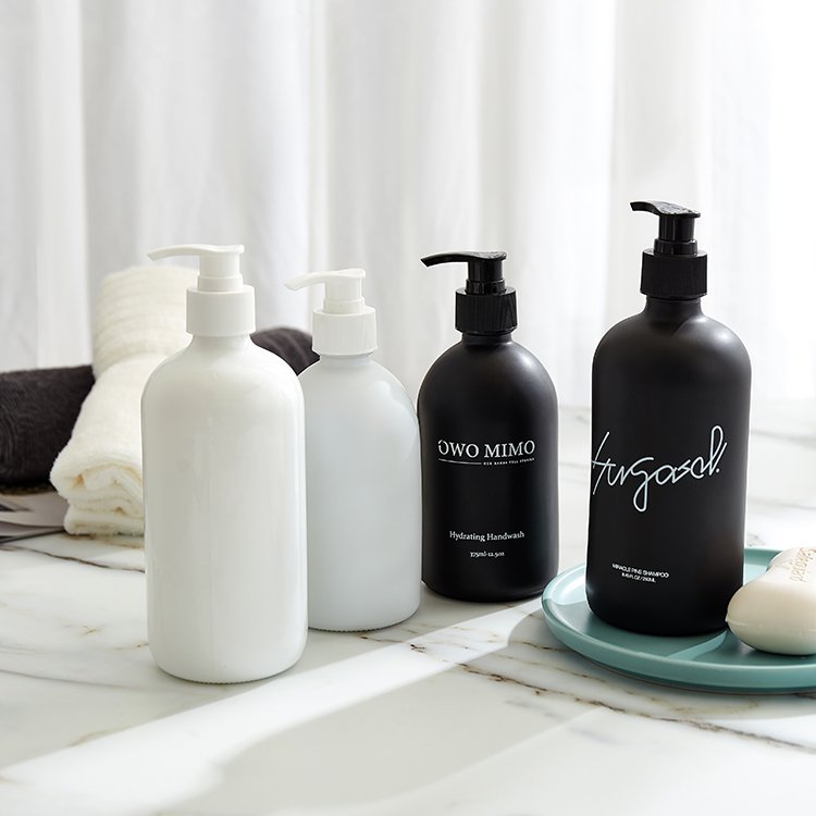 Frosted Matte Black Amber Glass Bottle for Liquid Soap Dispenser Round Shape Refillable Boston Style Available in 250ml 500ml