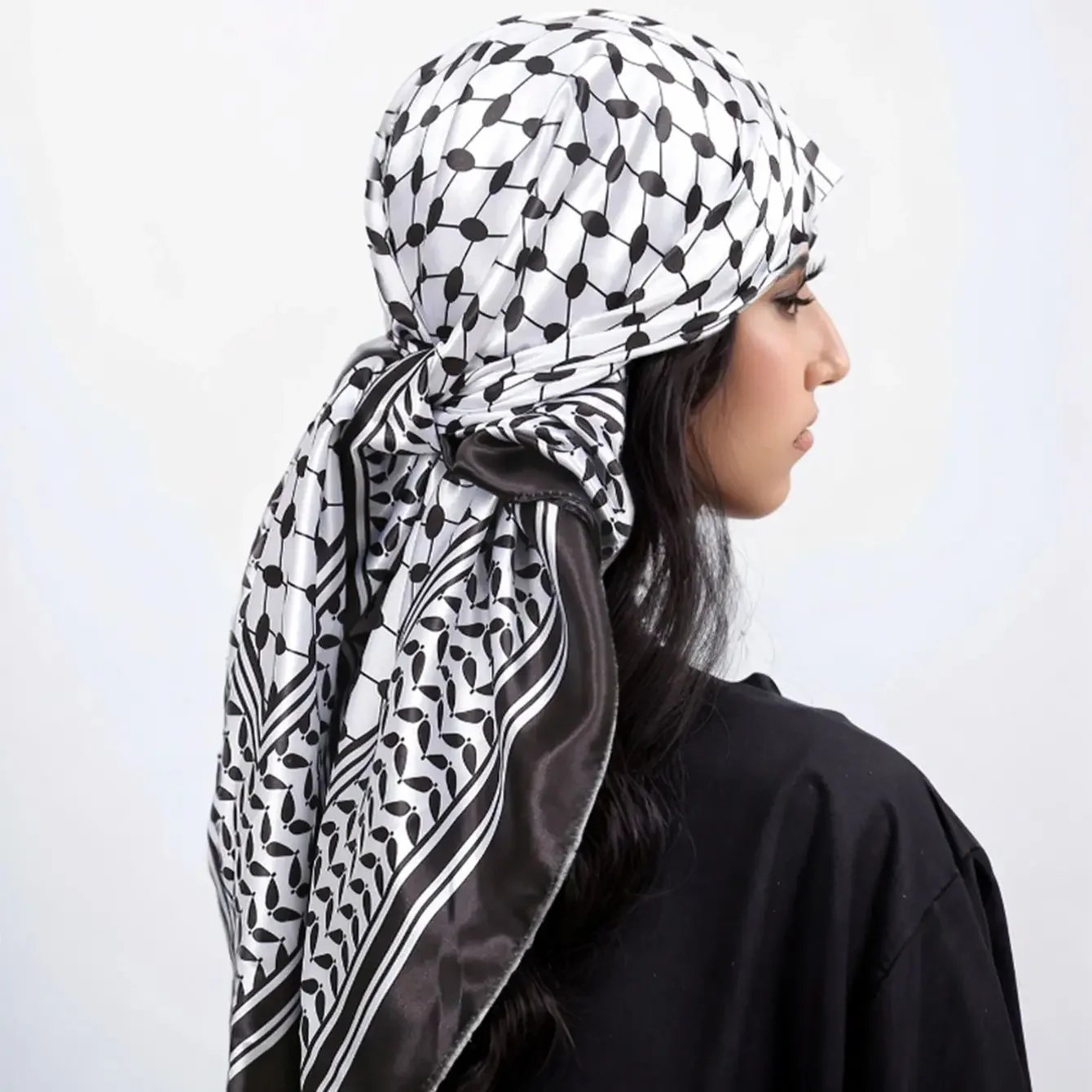 2024 New Palestine Women Luxury Printed Square Scarf Fashion Soft Muslim Hijab Satin Silk Handkerchief Muffler Headscarf Wraps