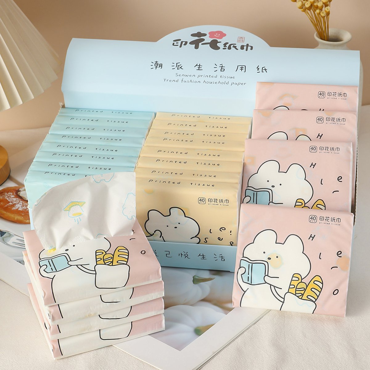 FSC Big-eared Rabbit Portable Facial Tissues Wood Pulp Color Printed Soft 40 Pull Cute Capybara Handkerchief Pocket Tissue