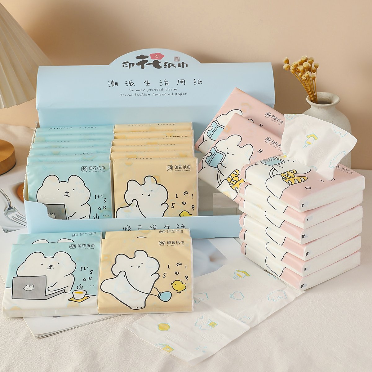 FSC Big-eared Rabbit Portable Facial Tissues Wood Pulp Color Printed Soft 40 Pull Cute Capybara Handkerchief Pocket Tissue