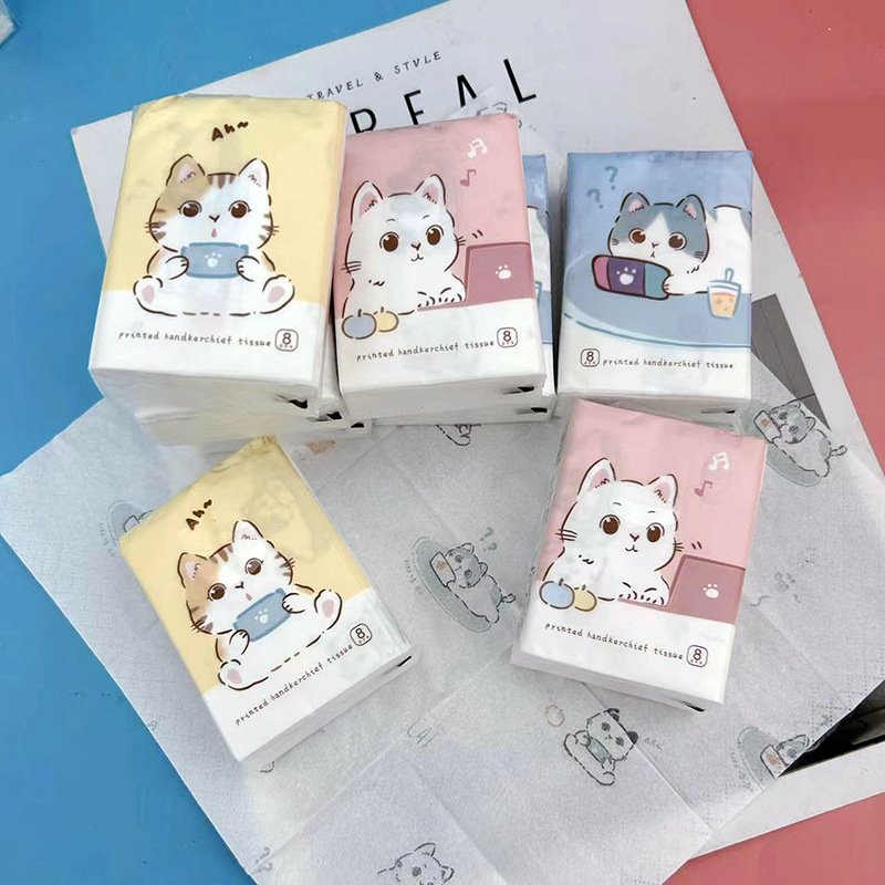 FSC Mini Facial Tissues Lovely Cat Printed Pocket Tissues 9 Pcs Pack Cute Paper Handkerchief Cleansing Tissue