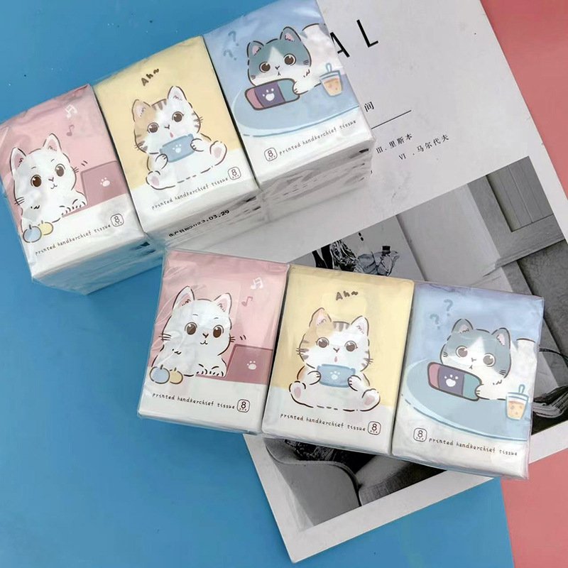 FSC Mini Facial Tissues Lovely Cat Printed Pocket Tissues 9 Pcs Pack Cute Paper Handkerchief Cleansing Tissue
