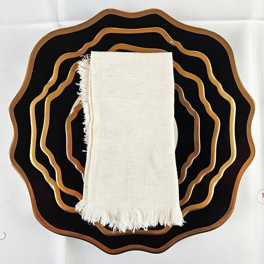 Dinner Restaurant Hemstitch Handkerchief Cloth Embroider scalloped edge White Linen Fabric Table Napkin