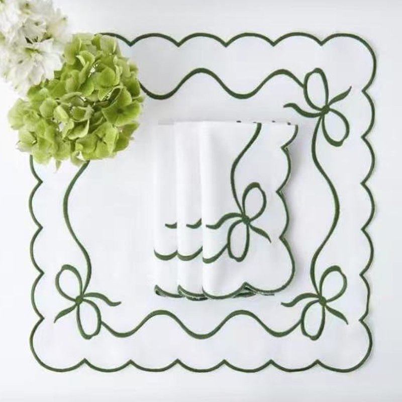 Washed bordered linen napkin embroidered linen placemats scalloped napkin linen floral