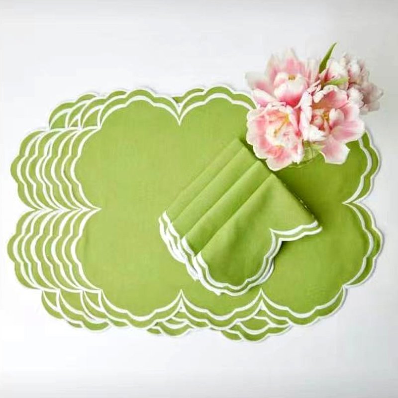 Washed bordered linen napkin embroidered linen placemats scalloped napkin linen floral