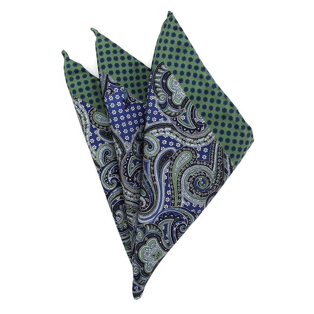 China Wholesale High Quality Handkerchief Hand Rolled Men Vintage Custom Print Individual Green Blue Paisley Pocket Square Wool