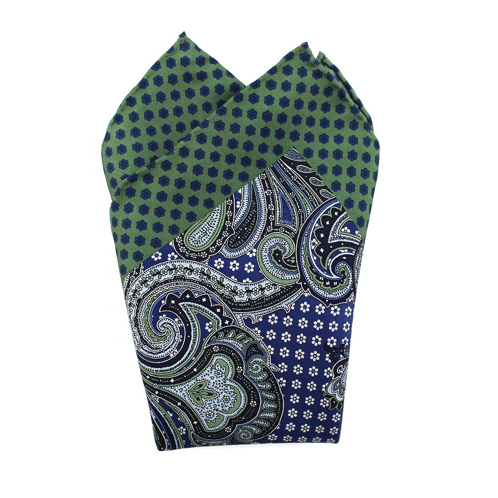 China Wholesale High Quality Handkerchief Hand Rolled Men Vintage Custom Print Individual Green Blue Paisley Pocket Square Wool