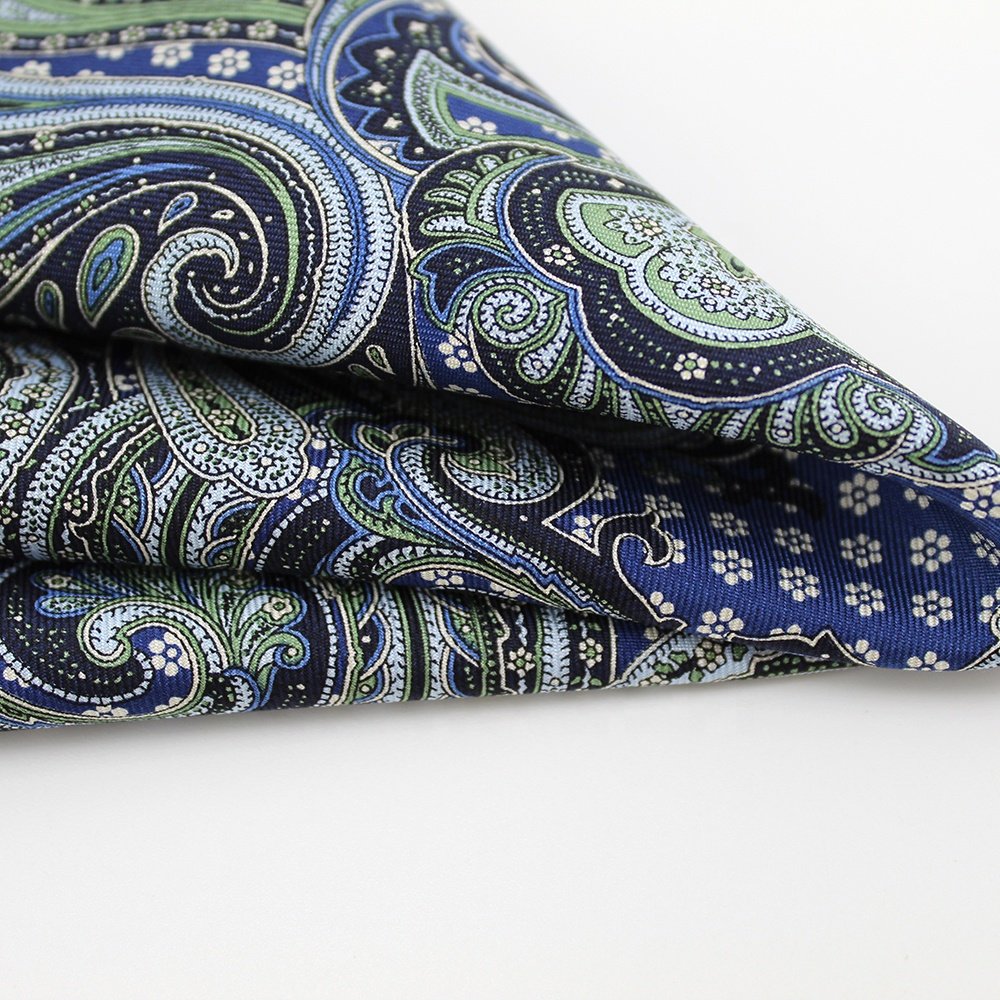 China Wholesale High Quality Handkerchief Hand Rolled Men Vintage Custom Print Individual Green Blue Paisley Pocket Square Wool