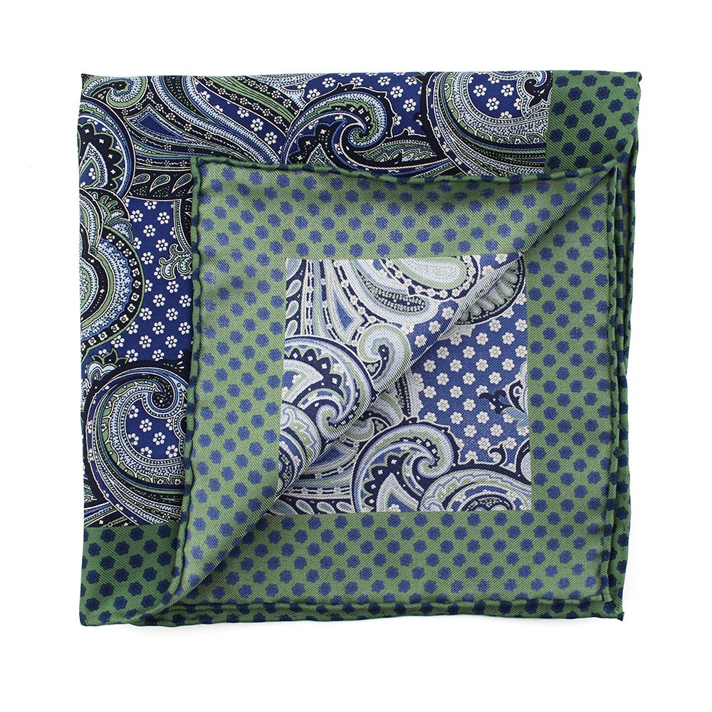 China Wholesale High Quality Handkerchief Hand Rolled Men Vintage Custom Print Individual Green Blue Paisley Pocket Square Wool
