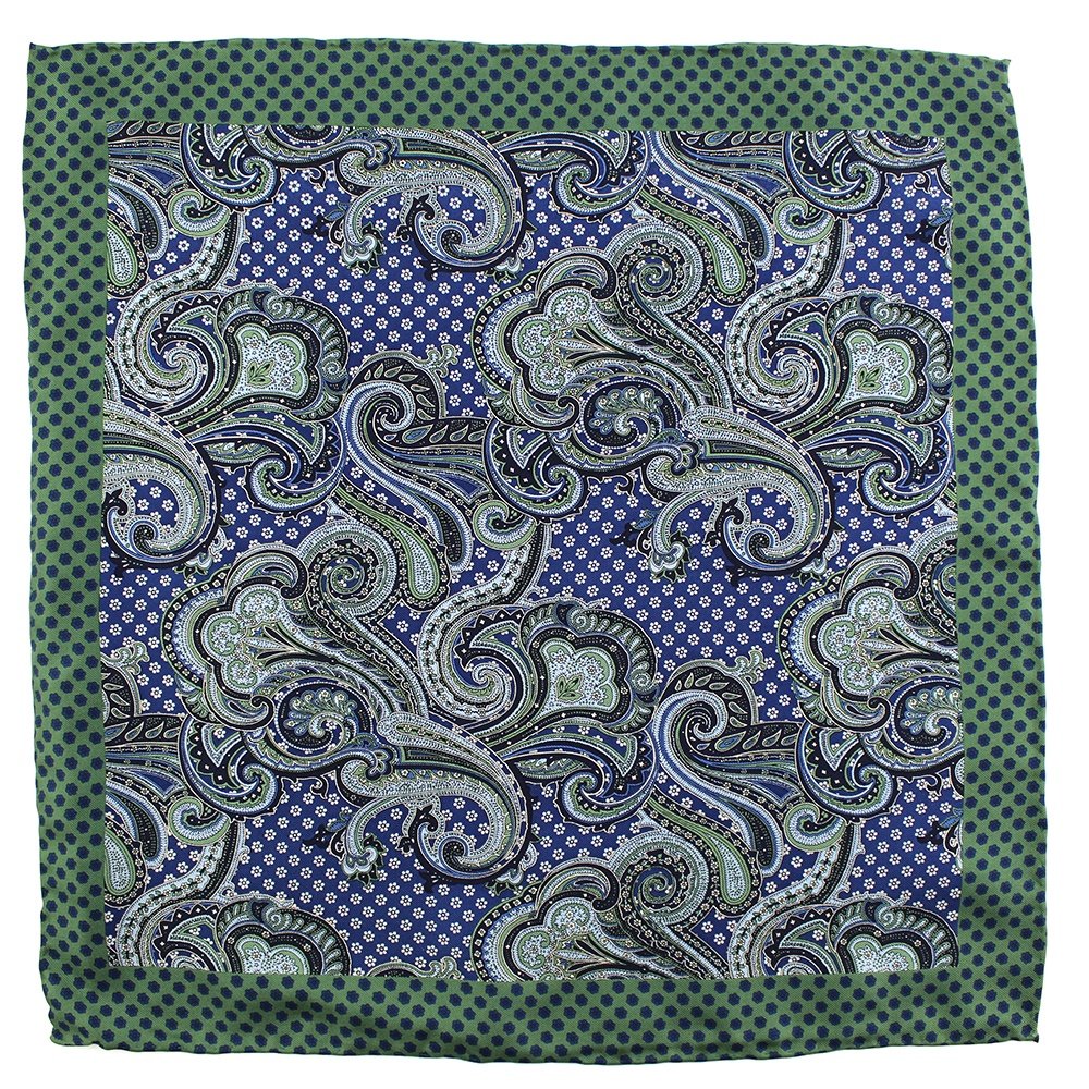 China Wholesale High Quality Handkerchief Hand Rolled Men Vintage Custom Print Individual Green Blue Paisley Pocket Square Wool