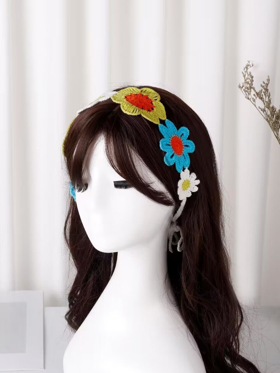 Sweet Hair Scarf Embellished Kerchief Flower Cotton Knit Crochet Headband Hair Mask Handkerchief