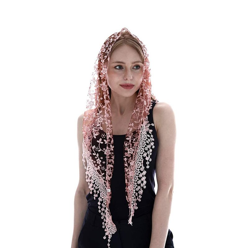 2024 QiYe New Women Lace Scarf for Church Tassel Triangle Scarf Sheer Floral Scarves Church Prayer Shawl Spanish Mantilla Lace