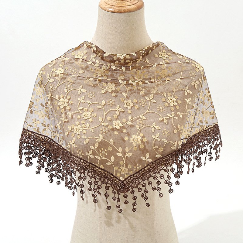 2024 QiYe New Women Lace Scarf for Church Tassel Triangle Scarf Sheer Floral Scarves Church Prayer Shawl Spanish Mantilla Lace