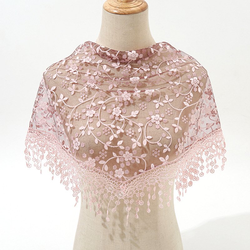 2024 QiYe New Women Lace Scarf for Church Tassel Triangle Scarf Sheer Floral Scarves Church Prayer Shawl Spanish Mantilla Lace