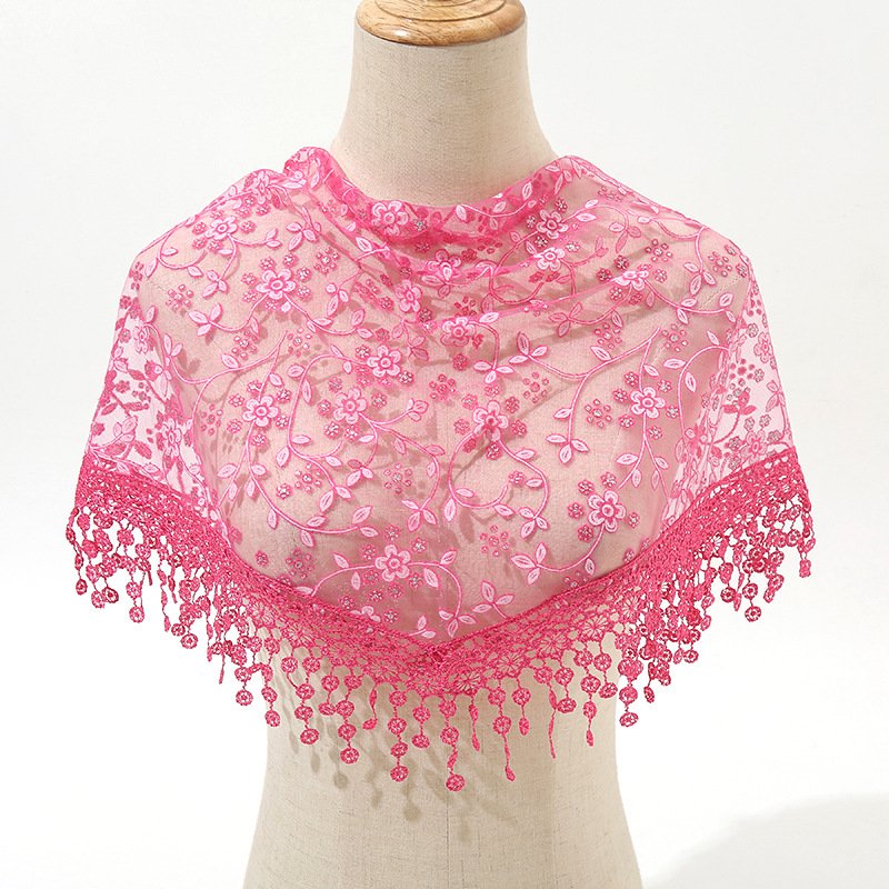 2024 QiYe New Women Lace Scarf for Church Tassel Triangle Scarf Sheer Floral Scarves Church Prayer Shawl Spanish Mantilla Lace