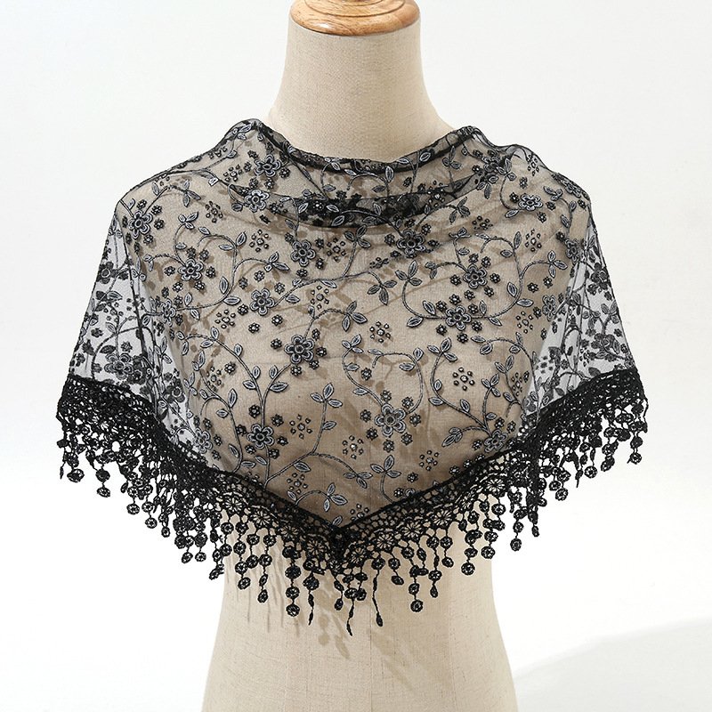2024 QiYe New Women Lace Scarf for Church Tassel Triangle Scarf Sheer Floral Scarves Church Prayer Shawl Spanish Mantilla Lace