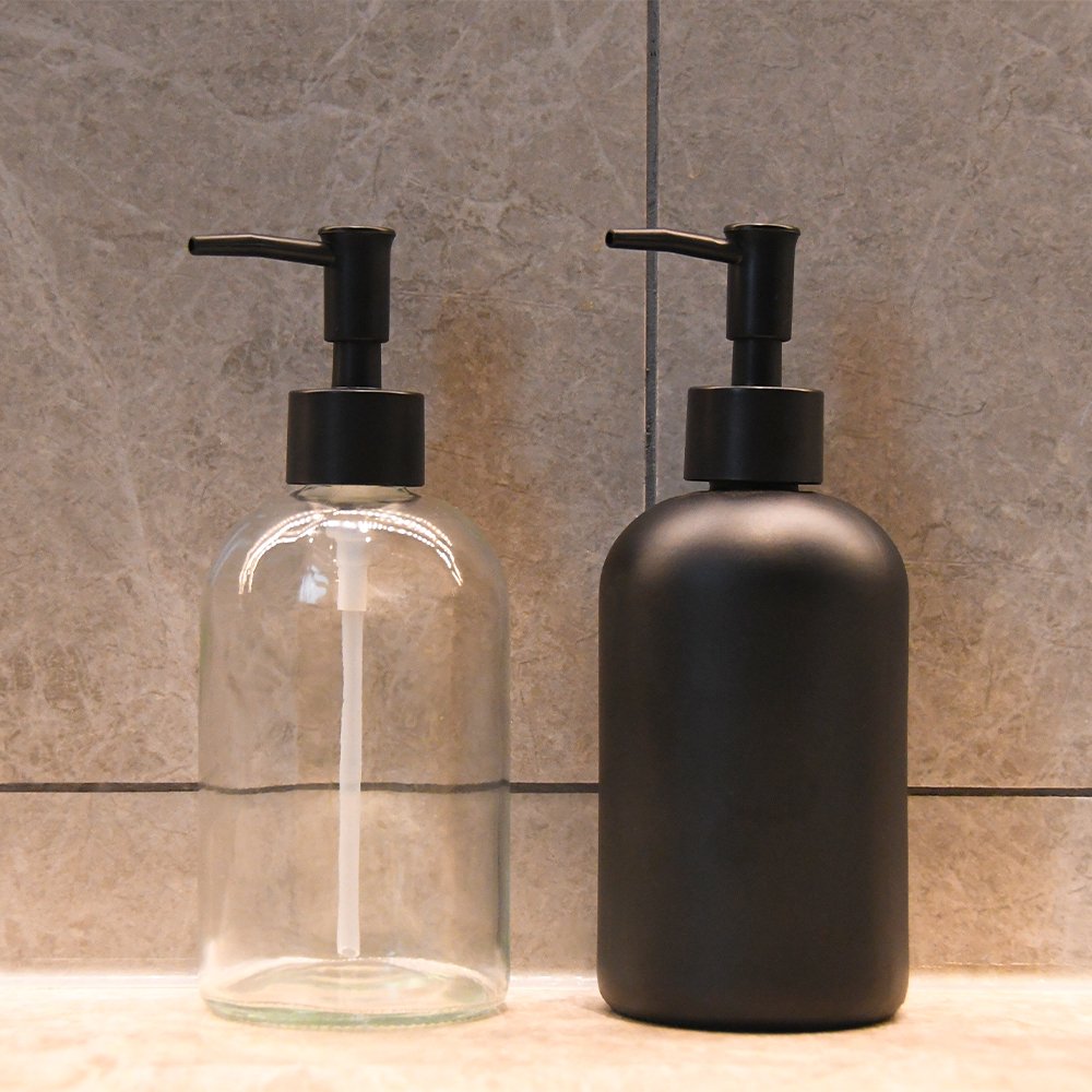 New design advanced minimalist round bottle 410ml hotel bathroom thicken glass soap dispenser with pump