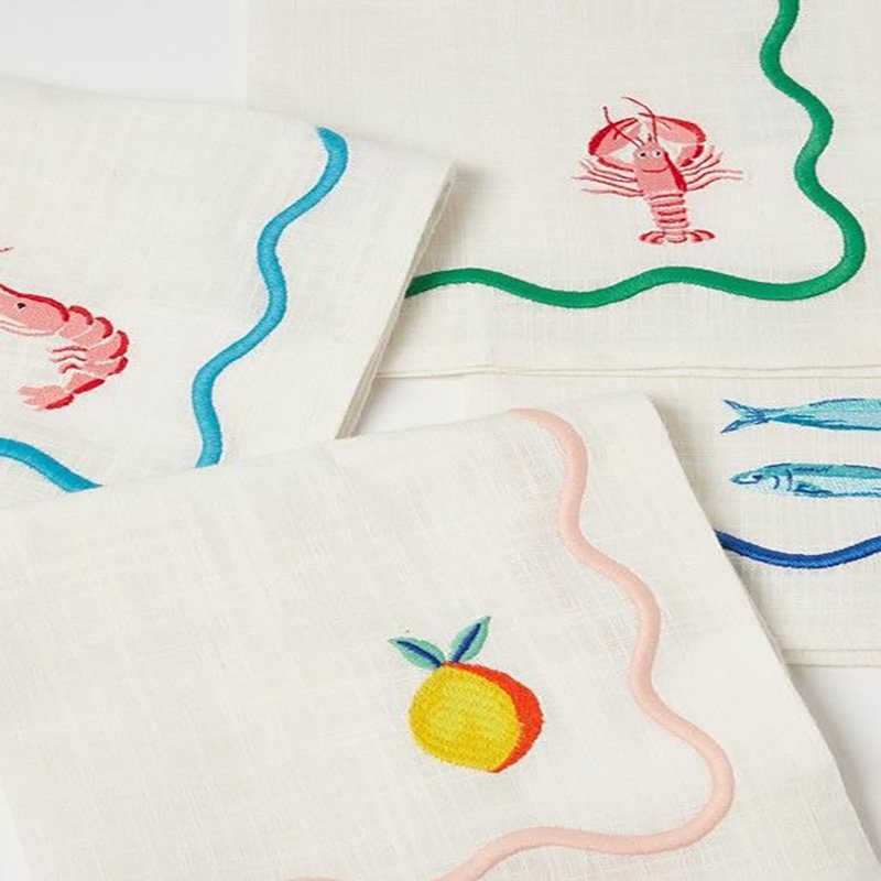 LY Fashion Custom Print Colored Trim Hand Rolled Edge White Handkerchief Bordered Contrast Edge Square Linen Napkins for Wedding