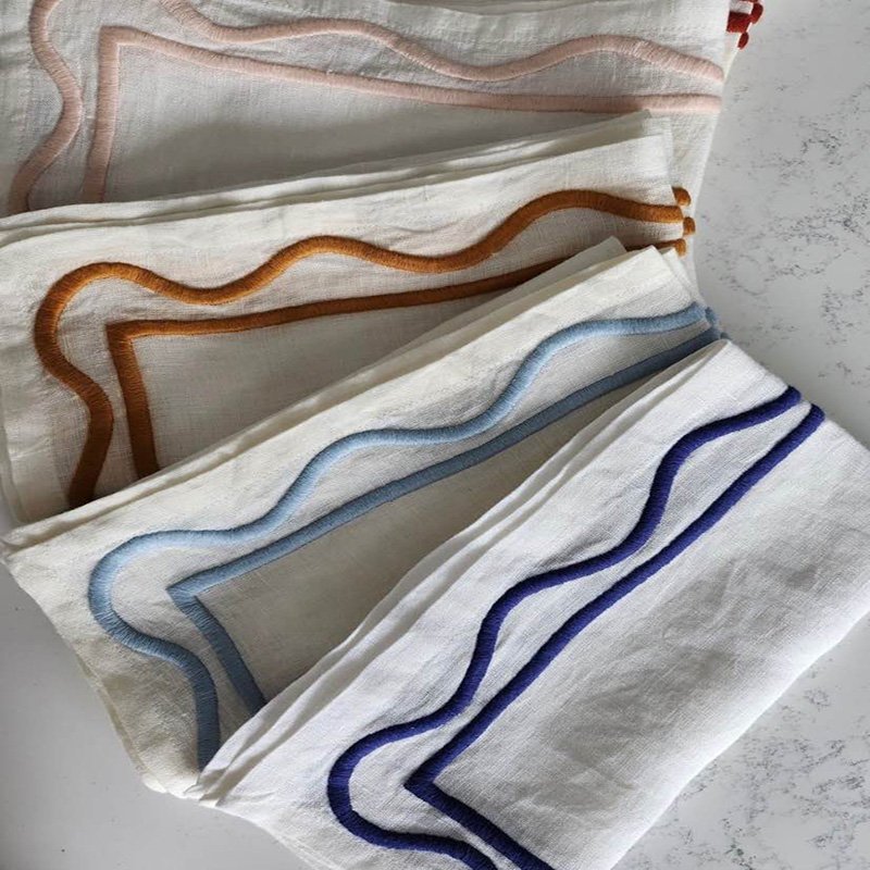 LY Fashion Custom Print Colored Trim Hand Rolled Edge White Handkerchief Bordered Contrast Edge Square Linen Napkins for Wedding