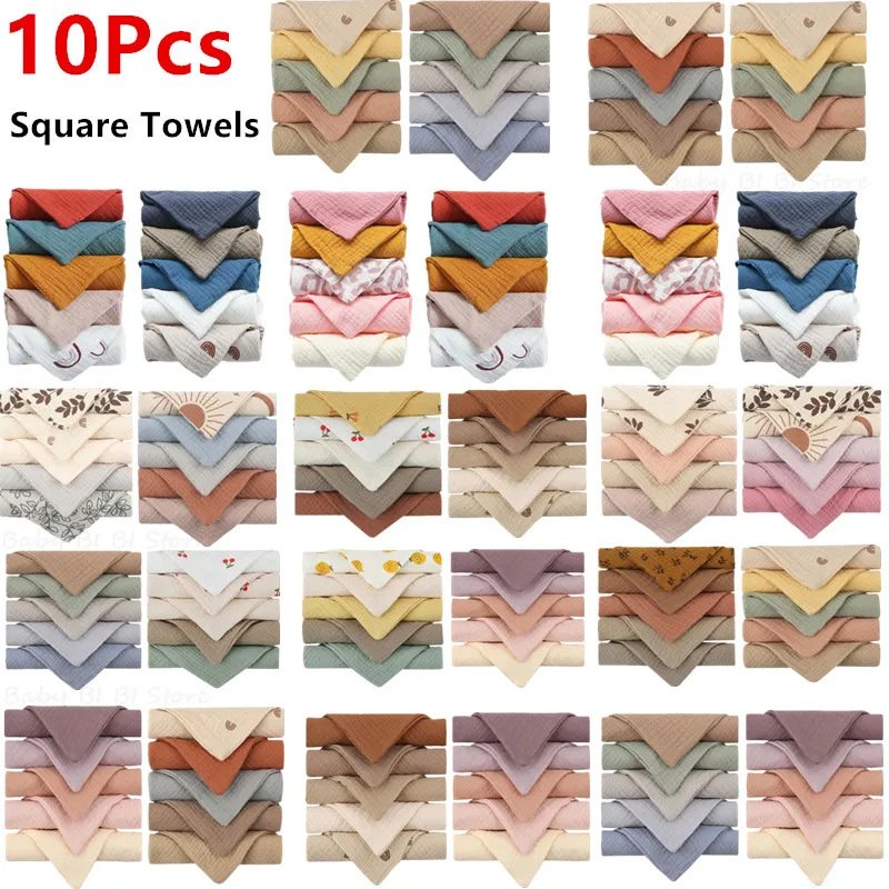 Pinuotu Cotton Solid Toddlers Muslin Gauze Handkerchief Bibs Plain Bath Newborn Baby Face Washcloths Wet Soft Square Towel