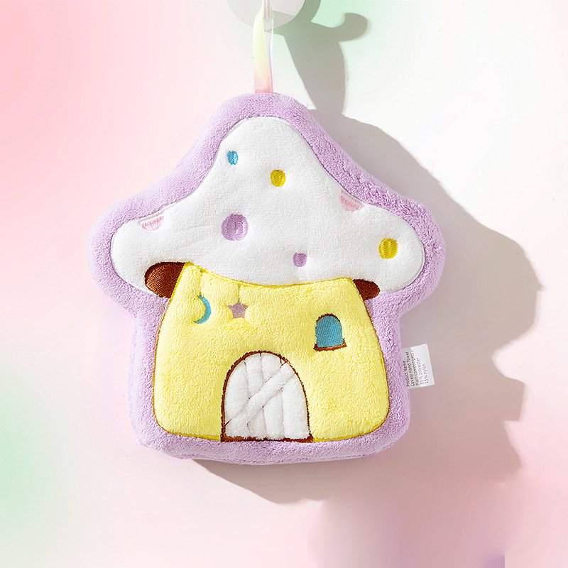 Custom Cartoon Mushroom House Hanging Thick Coral Velvet Embroidered Towel Absorbent Cute Children's Handkerchief Small Towel