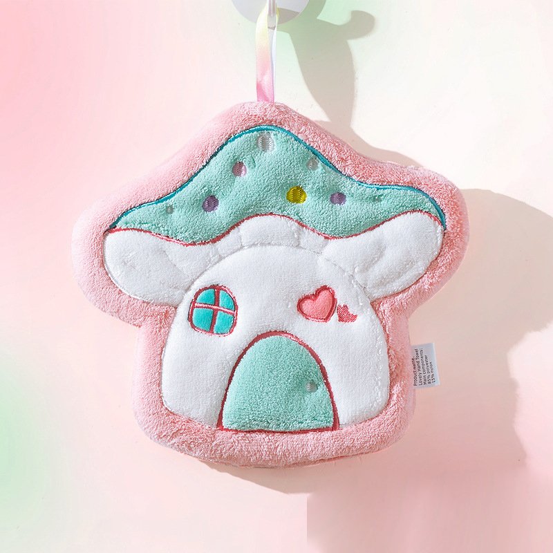Custom Cartoon Mushroom House Hanging Thick Coral Velvet Embroidered Towel Absorbent Cute Children's Handkerchief Small Towel