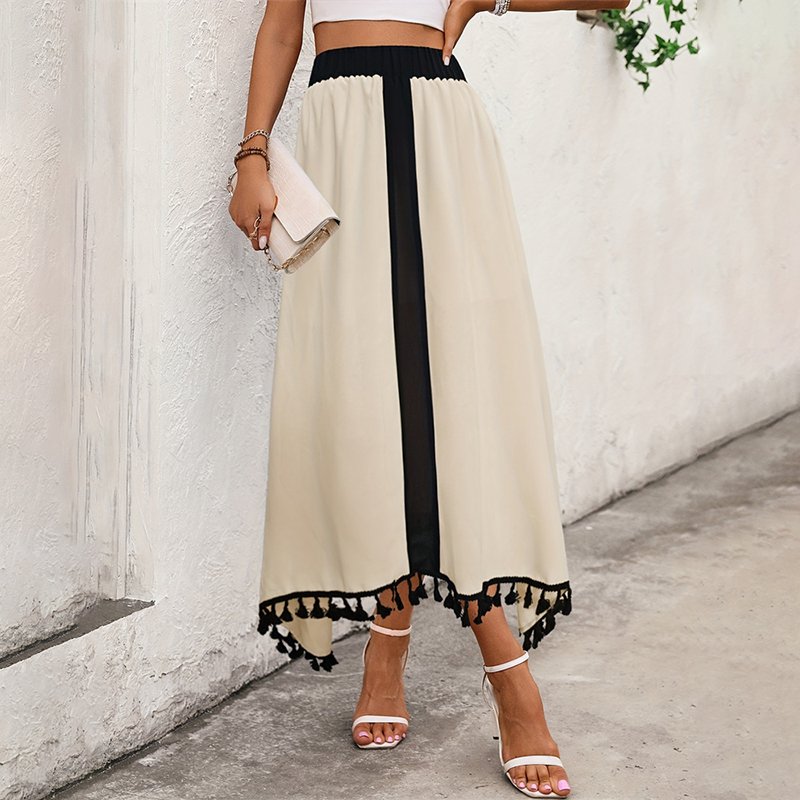 Wholesale Ladies Woven Romantic Skirt Faldas Largas De Mujer Women's Tassel Lace Asymmetrical Hem Ruched Midi Skirt