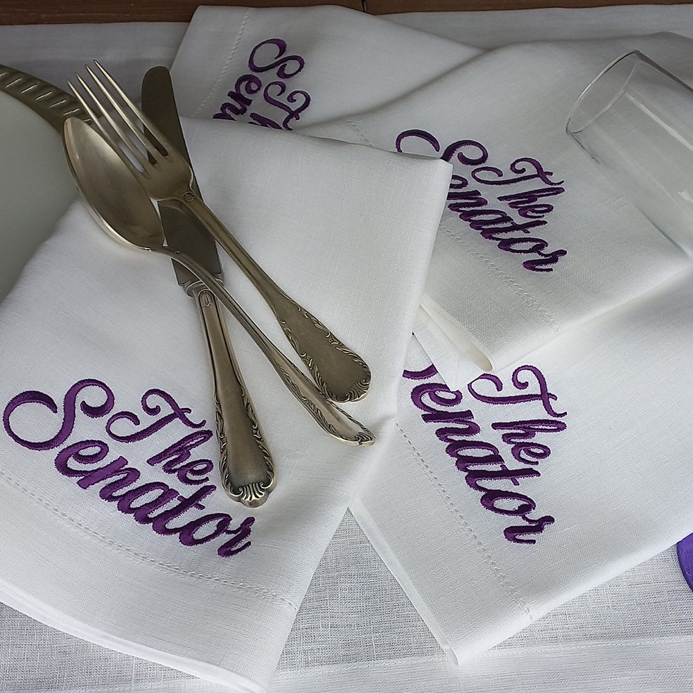 Folded edge Embroidered monogram hemstitch Cotton Linen napkin handkerchief for fabric cloth napkin placemats for wedding