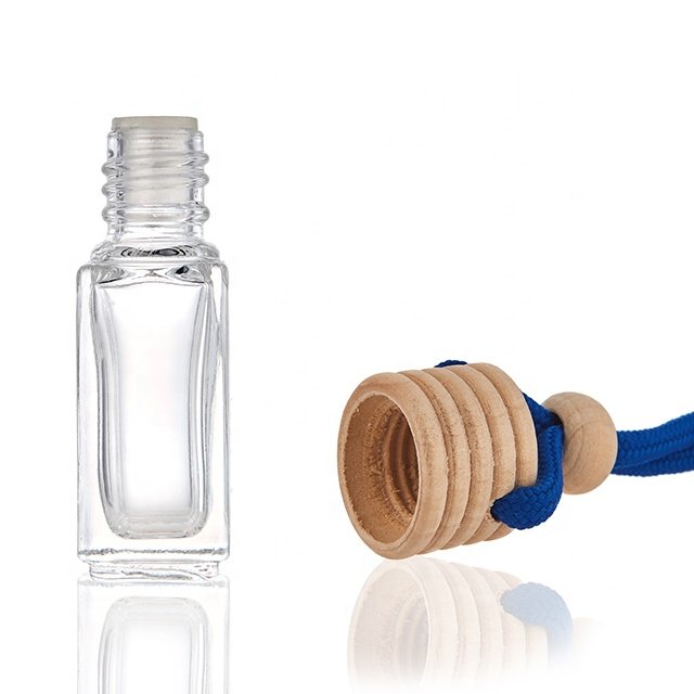 Sample Bottle Glass Car Pendant Perfume Bottle Wooden Cap Square Shape 5ml 8ml Empty Hanging Car Perfume Bottle