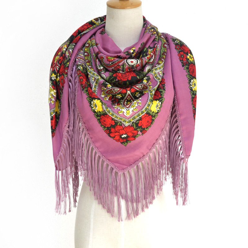 Babushka Scarf Russian Pashmina Handkerchief Shawl Big Square Retro Flower Blanket Cotton Scarf Tassel Winter Head Wraps Ladies