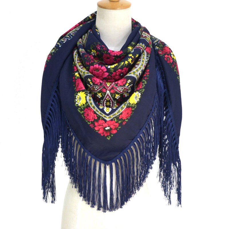 Babushka Scarf Russian Pashmina Handkerchief Shawl Big Square Retro Flower Blanket Cotton Scarf Tassel Winter Head Wraps Ladies