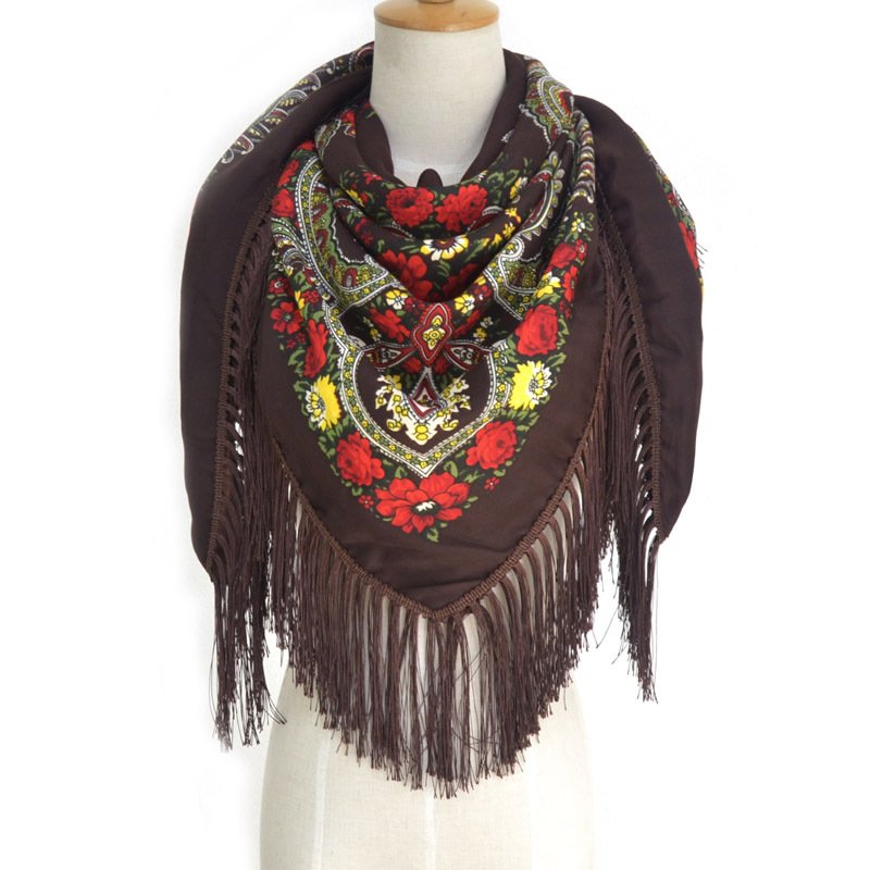 Babushka Scarf Russian Pashmina Handkerchief Shawl Big Square Retro Flower Blanket Cotton Scarf Tassel Winter Head Wraps Ladies